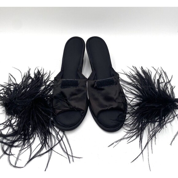 Vintage Madye's Fru-Fru Fancy Wedge Heel Black Slippers w Feathery Detail L 8-9 - Picture 10 of 12